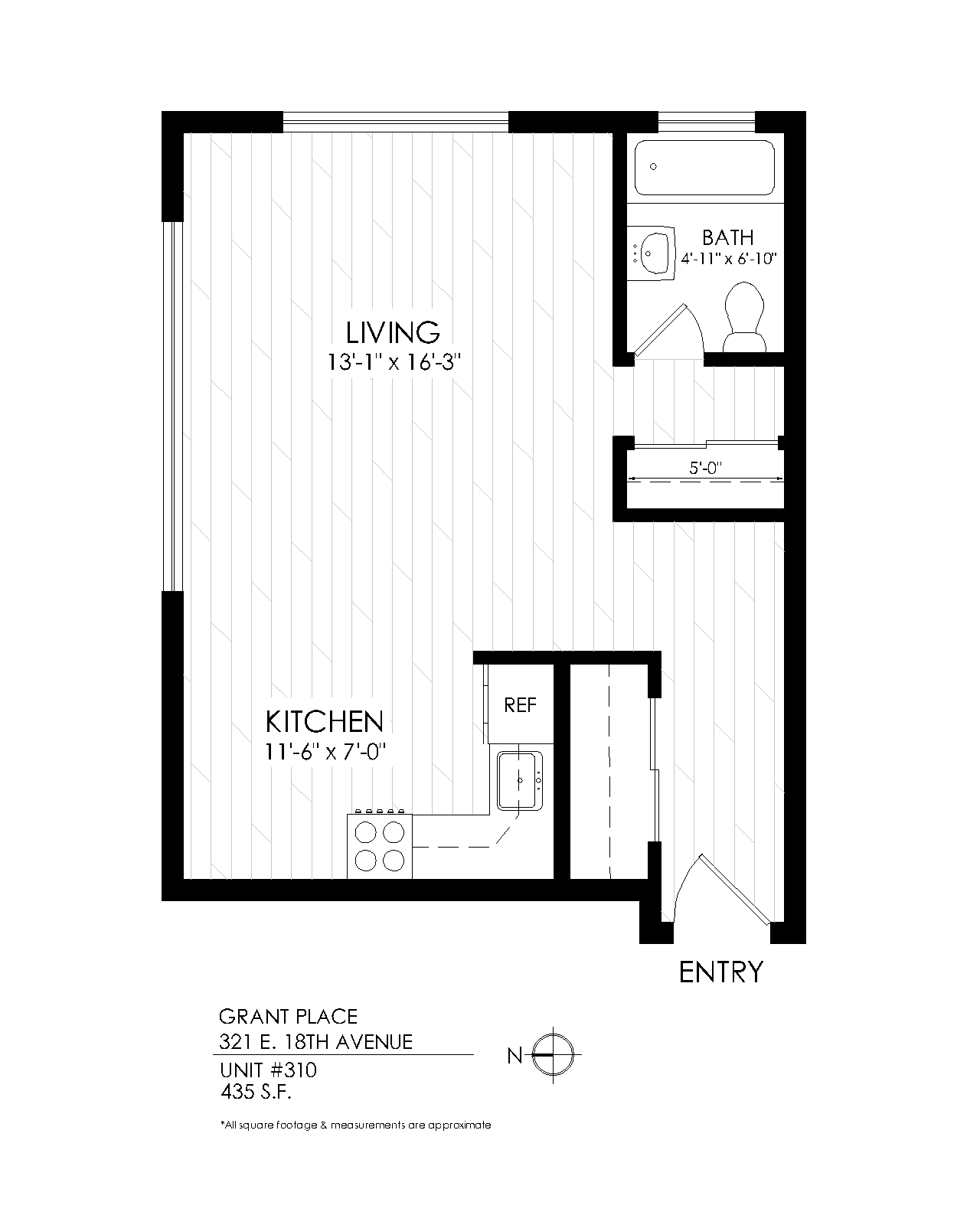 Floor plan for studio, 1 bath, 425 sqft